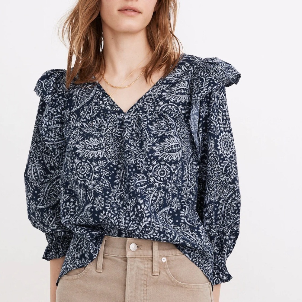 Madewell Paisley Garden V Neck Ruffle Shoulder Blouse Women Small Blue 962